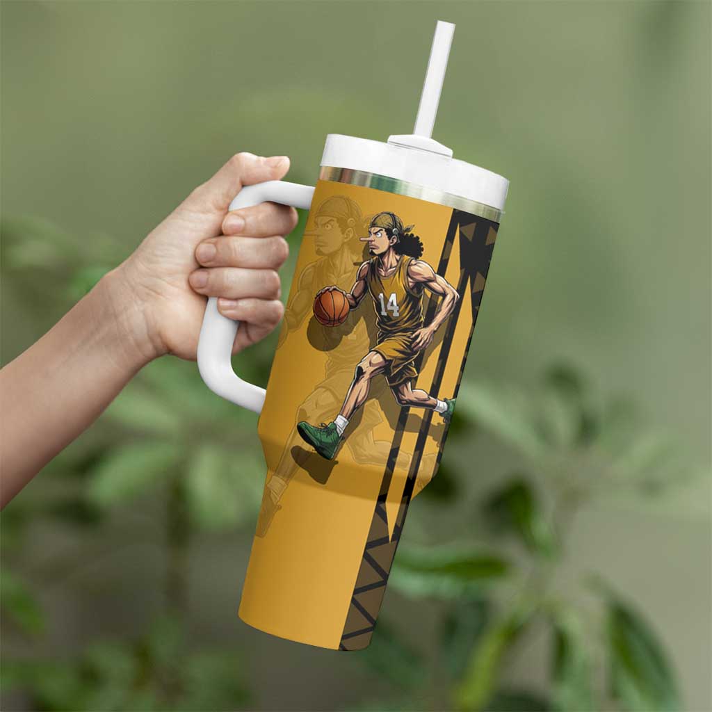 Usopp One Piece Basketball Theme Yellow and Black Design Tumbler With Handle with Sniper Emblem and Action Pose - The Mazicc