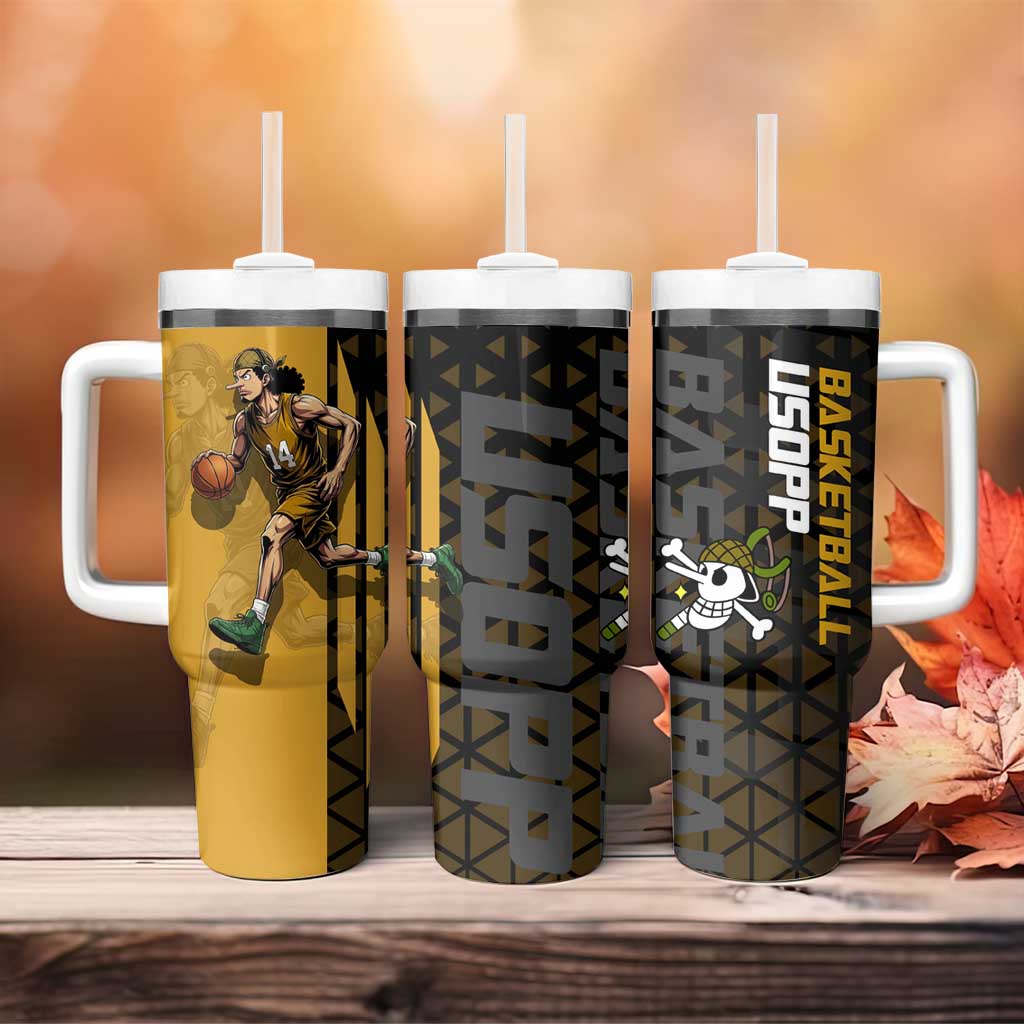 Usopp One Piece Basketball Theme Yellow and Black Design Tumbler With Handle with Sniper Emblem and Action Pose - The Mazicc