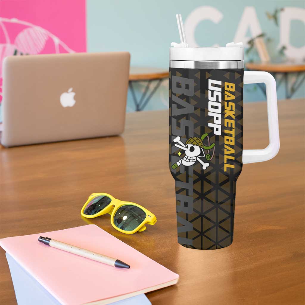 Usopp One Piece Basketball Theme Yellow and Black Design Tumbler With Handle with Sniper Emblem and Action Pose - The Mazicc