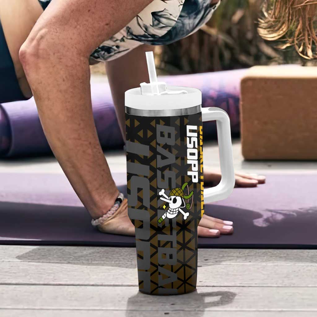 Usopp One Piece Basketball Theme Yellow and Black Design Tumbler With Handle with Sniper Emblem and Action Pose - The Mazicc