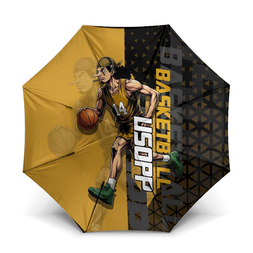 Usopp One Piece Basketball Theme Yellow and Black Design Umbrella with Sniper Emblem and Action Pose - The Mazicc