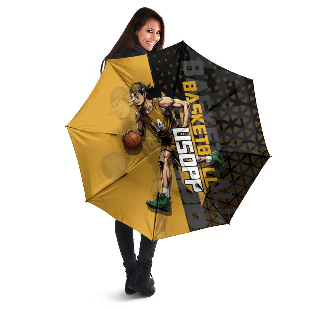 Usopp One Piece Basketball Theme Yellow and Black Design Umbrella with Sniper Emblem and Action Pose - The Mazicc