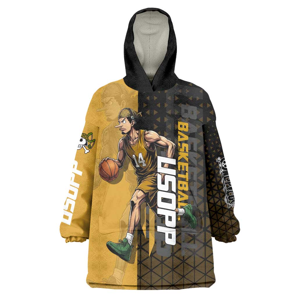 Usopp One Piece Basketball Theme Yellow and Black Design Wearable Blanket Hoodie with Sniper Emblem and Action Pose - The Mazicc