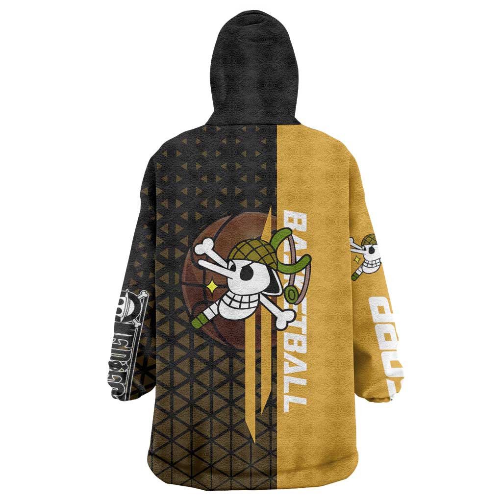 Usopp One Piece Basketball Theme Yellow and Black Design Wearable Blanket Hoodie with Sniper Emblem and Action Pose - The Mazicc