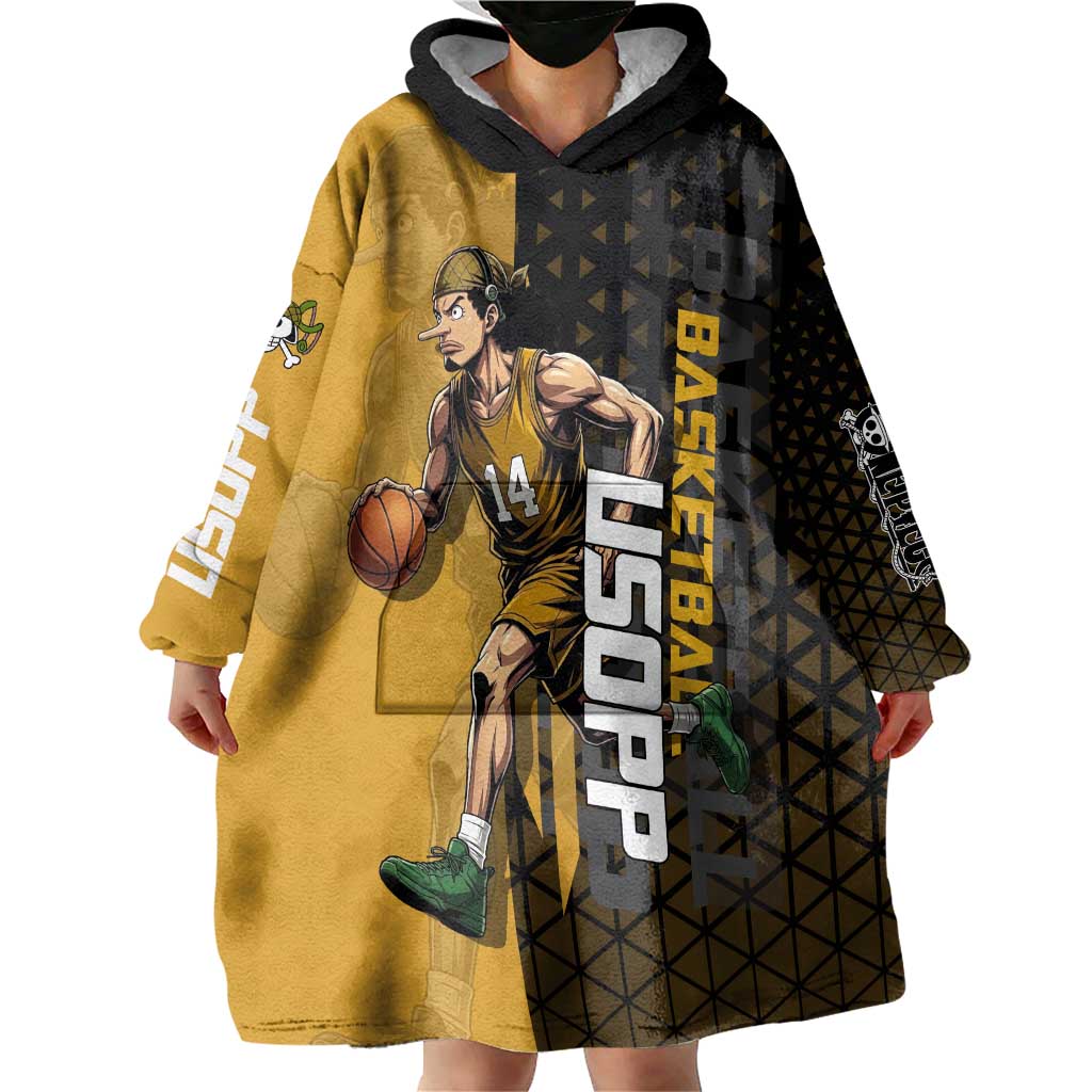 Usopp One Piece Basketball Theme Yellow and Black Design Wearable Blanket Hoodie with Sniper Emblem and Action Pose - The Mazicc