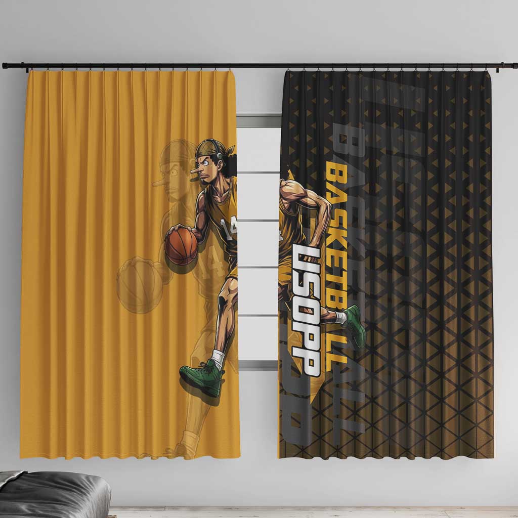 Usopp One Piece Basketball Theme Yellow and Black Design Window Curtain with Sniper Emblem and Action Pose - The Mazicc