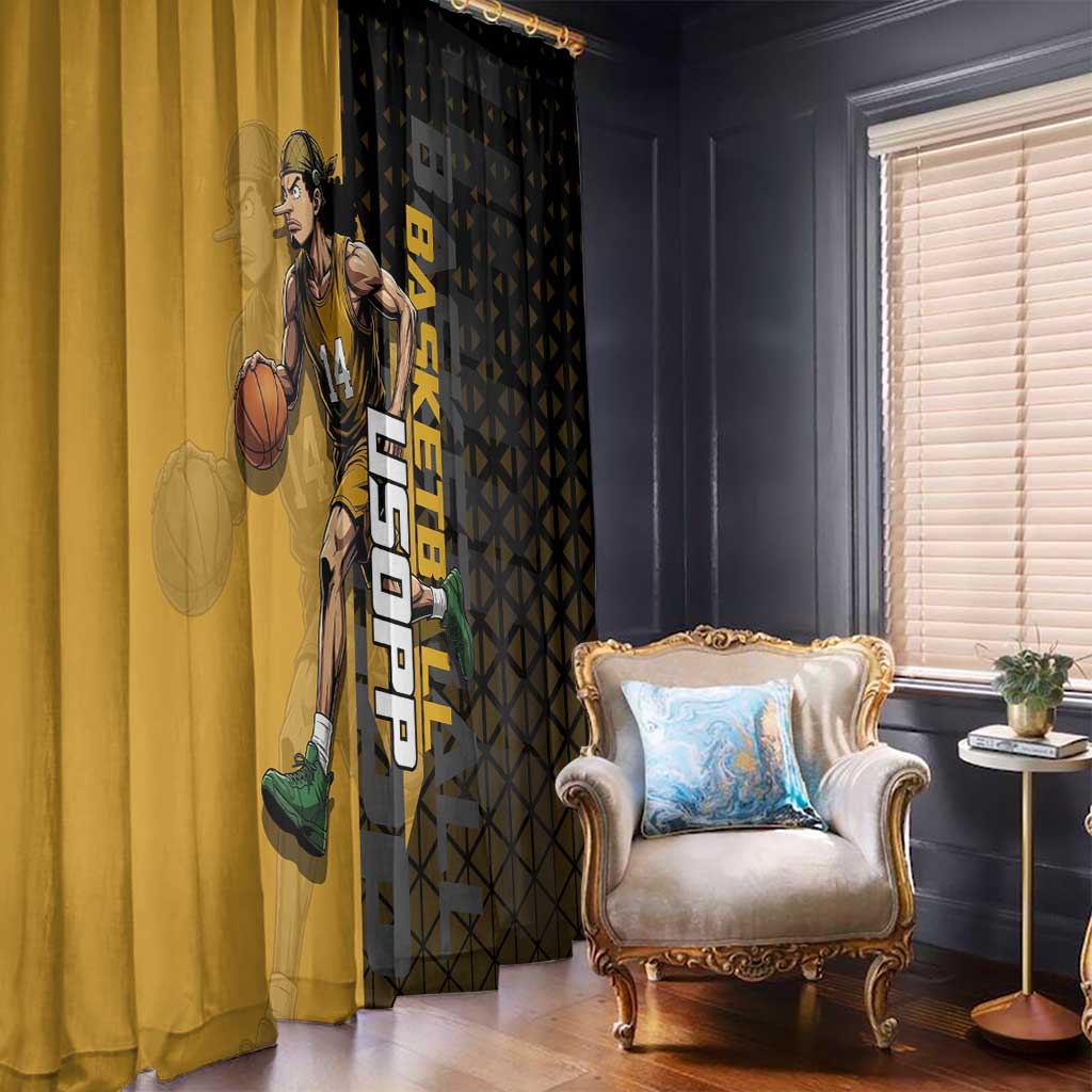 Usopp One Piece Basketball Theme Yellow and Black Design Window Curtain with Sniper Emblem and Action Pose - The Mazicc