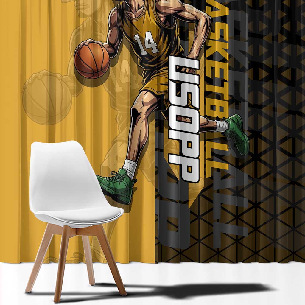 Usopp One Piece Basketball Theme Yellow and Black Design Window Curtain with Sniper Emblem and Action Pose - The Mazicc