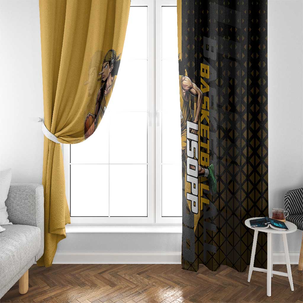 Usopp One Piece Basketball Theme Yellow and Black Design Window Curtain with Sniper Emblem and Action Pose - The Mazicc