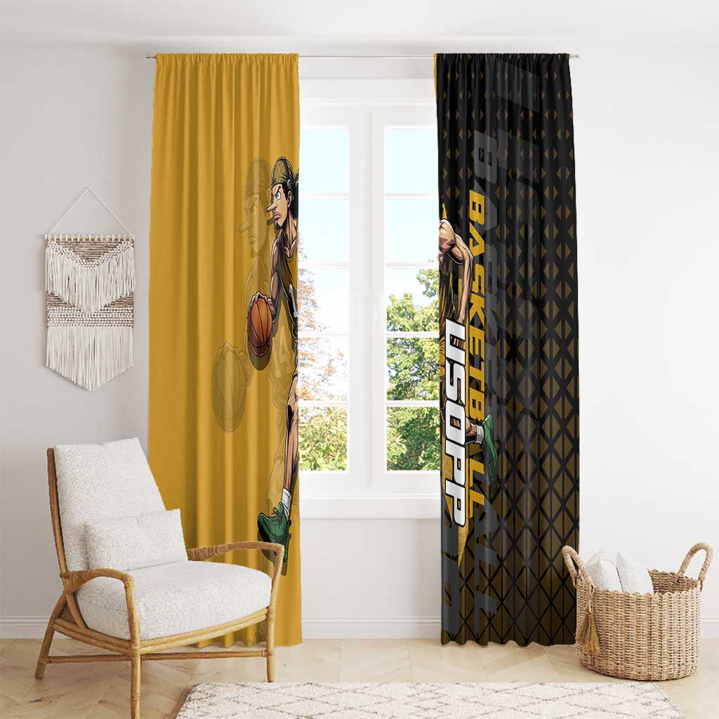 Usopp One Piece Basketball Theme Yellow and Black Design Window Curtain with Sniper Emblem and Action Pose - The Mazicc