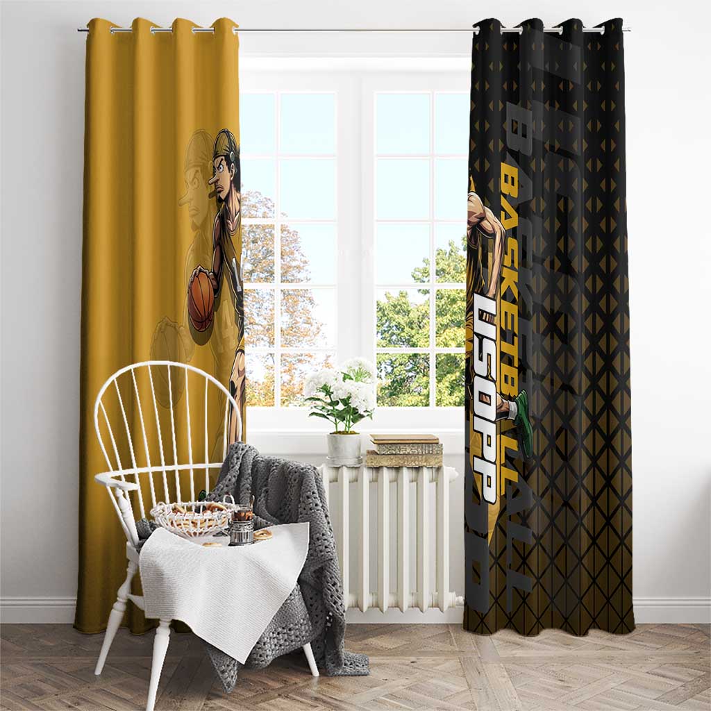 Usopp One Piece Basketball Theme Yellow and Black Design Window Curtain with Sniper Emblem and Action Pose - The Mazicc
