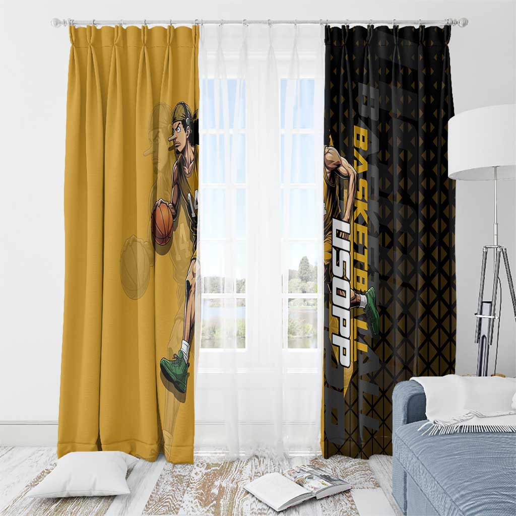 Usopp One Piece Basketball Theme Yellow and Black Design Window Curtain with Sniper Emblem and Action Pose - The Mazicc