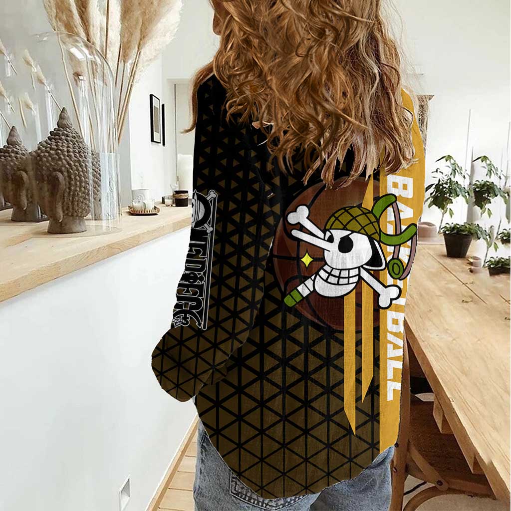 Usopp One Piece Basketball Theme Yellow and Black Design Women Casual Shirt with Sniper Emblem and Action Pose - The Mazicc