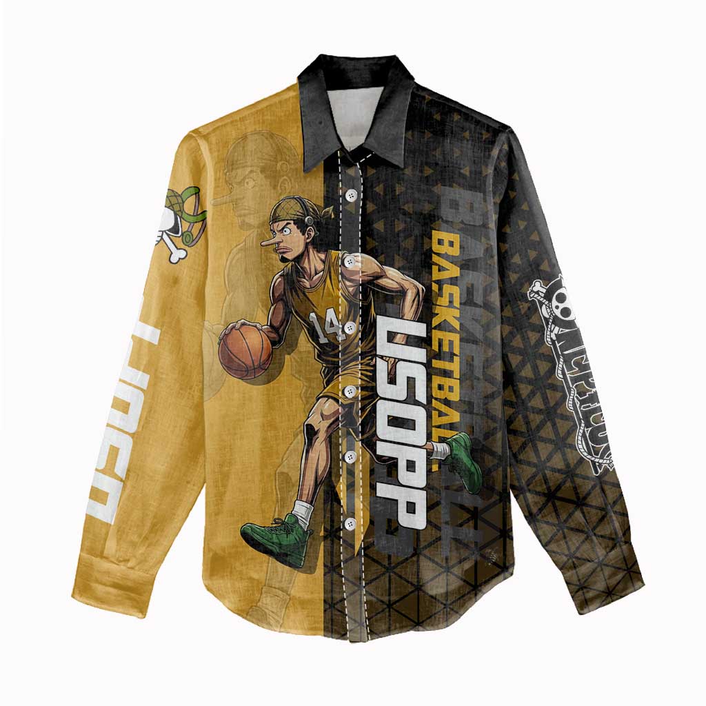 Usopp One Piece Basketball Theme Yellow and Black Design Women Casual Shirt with Sniper Emblem and Action Pose - The Mazicc