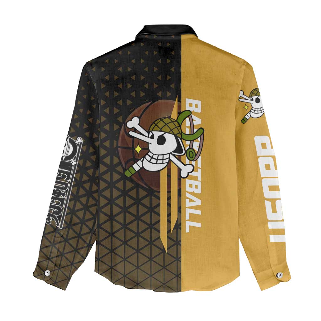 Usopp One Piece Basketball Theme Yellow and Black Design Women Casual Shirt with Sniper Emblem and Action Pose - The Mazicc