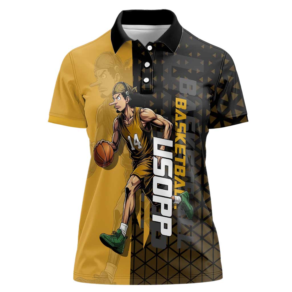 Usopp One Piece Basketball Theme Yellow and Black Design Women Polo Shirt with Sniper Emblem and Action Pose - The Mazicc