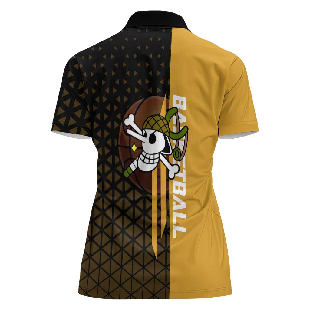Usopp One Piece Basketball Theme Yellow and Black Design Women Polo Shirt with Sniper Emblem and Action Pose - The Mazicc