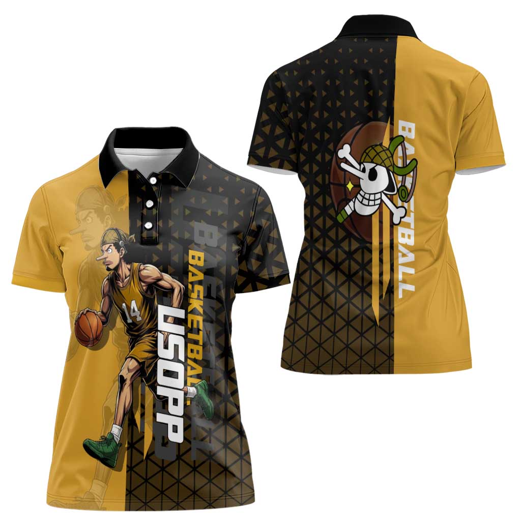 Usopp One Piece Basketball Theme Yellow and Black Design Women Polo Shirt with Sniper Emblem and Action Pose - The Mazicc