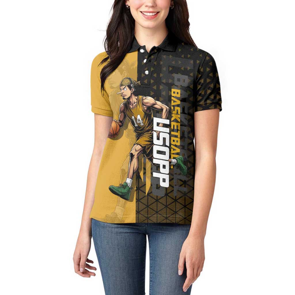 Usopp One Piece Basketball Theme Yellow and Black Design Women Polo Shirt with Sniper Emblem and Action Pose - The Mazicc
