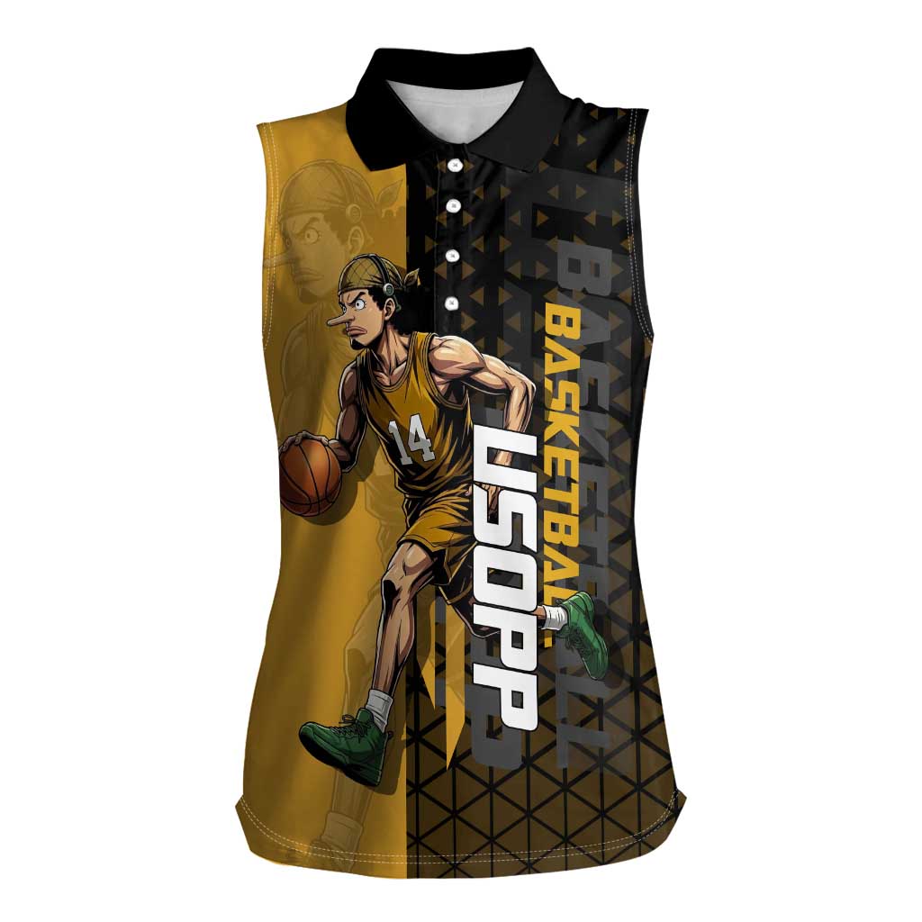 Usopp One Piece Basketball Theme Yellow and Black Design Women Sleeveless Polo Shirt with Sniper Emblem and Action Pose - The Mazicc