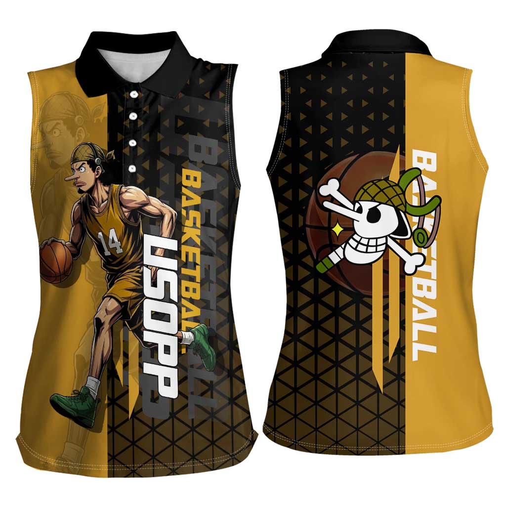 Usopp One Piece Basketball Theme Yellow and Black Design Women Sleeveless Polo Shirt with Sniper Emblem and Action Pose - The Mazicc