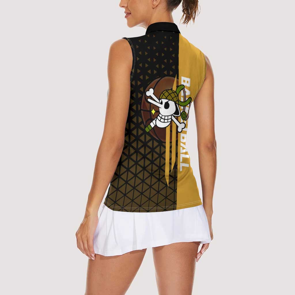 Usopp One Piece Basketball Theme Yellow and Black Design Women Sleeveless Polo Shirt with Sniper Emblem and Action Pose - The Mazicc