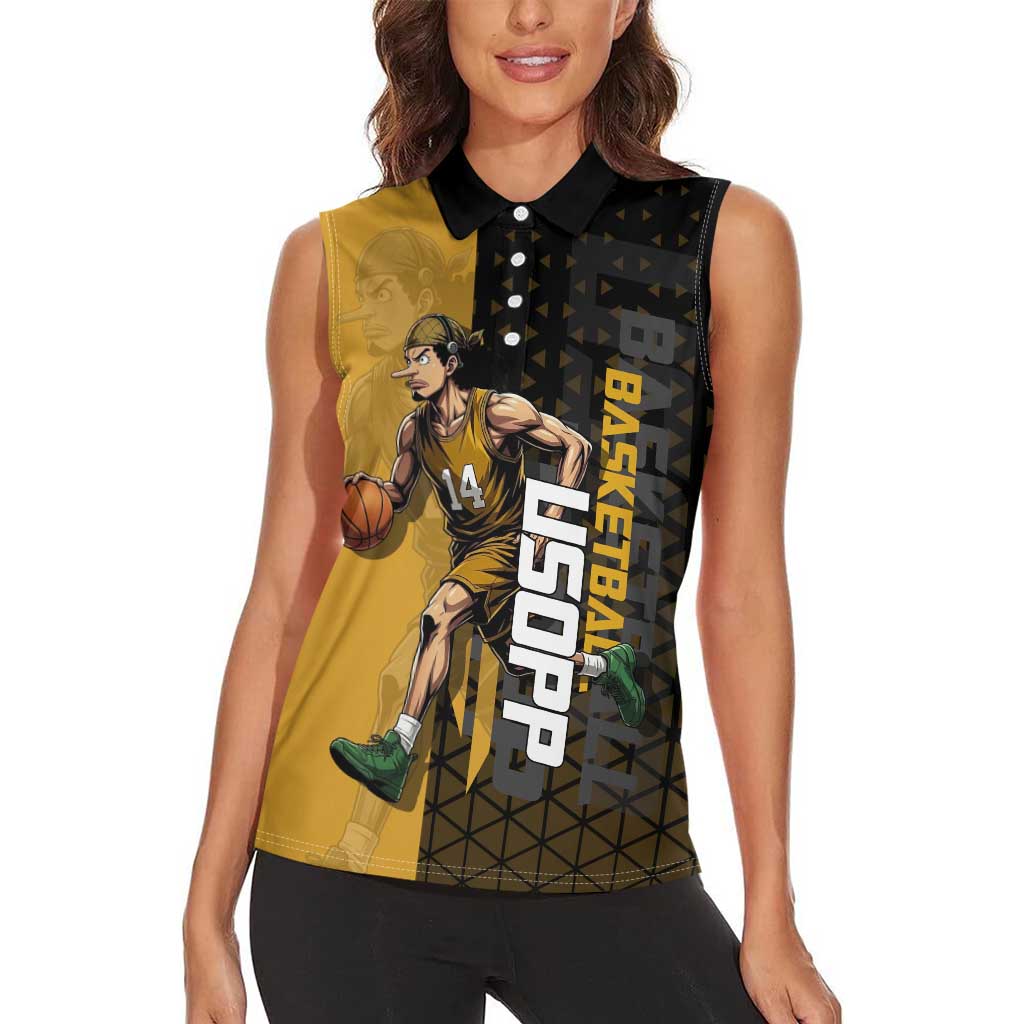 Usopp One Piece Basketball Theme Yellow and Black Design Women Sleeveless Polo Shirt with Sniper Emblem and Action Pose - The Mazicc