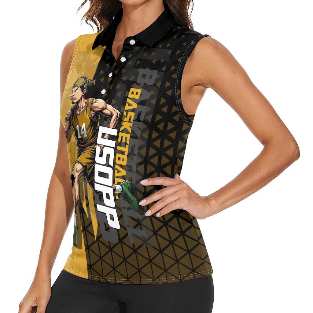 Usopp One Piece Basketball Theme Yellow and Black Design Women Sleeveless Polo Shirt with Sniper Emblem and Action Pose - The Mazicc