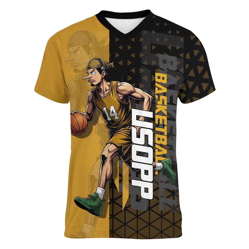 Usopp One Piece Basketball Theme Yellow and Black Design Women V-Neck T-Shirt with Sniper Emblem and Action Pose - The Mazicc