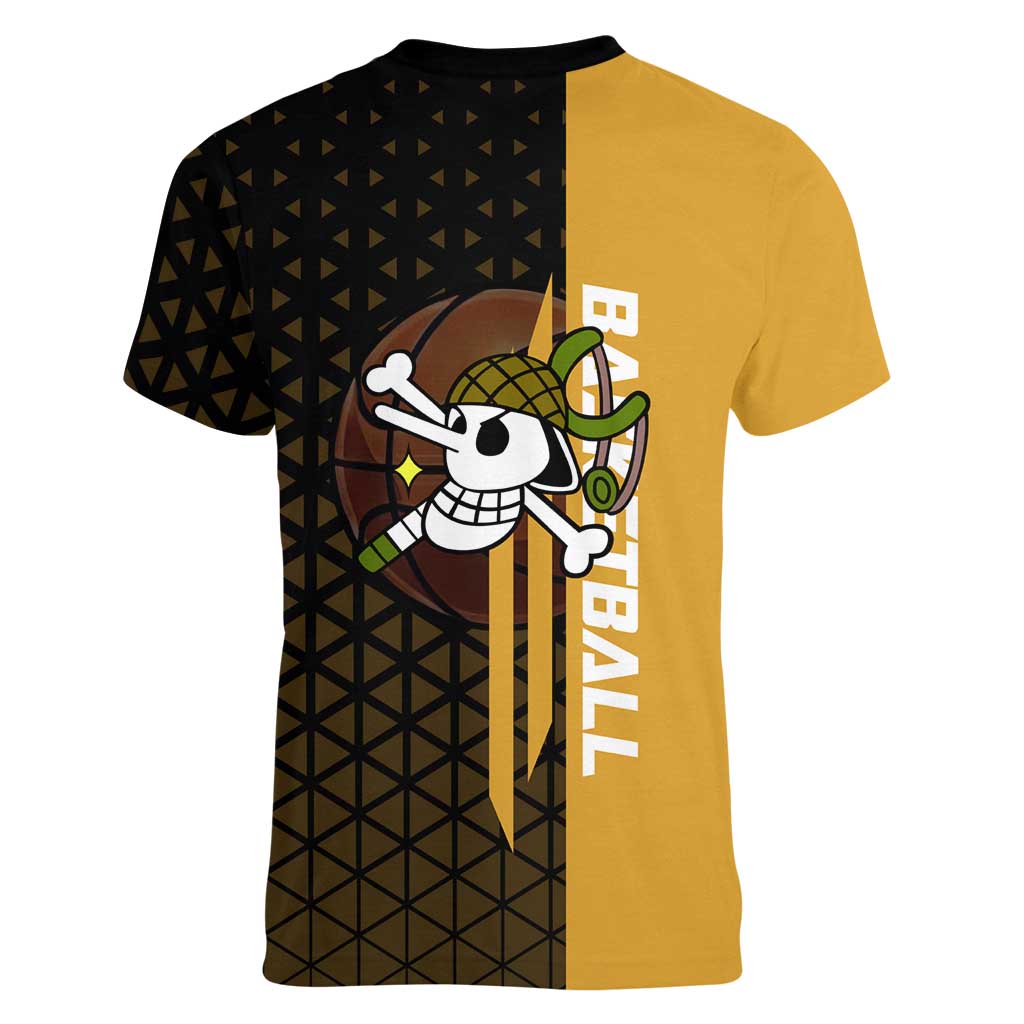 Usopp One Piece Basketball Theme Yellow and Black Design Women V-Neck T-Shirt with Sniper Emblem and Action Pose - The Mazicc