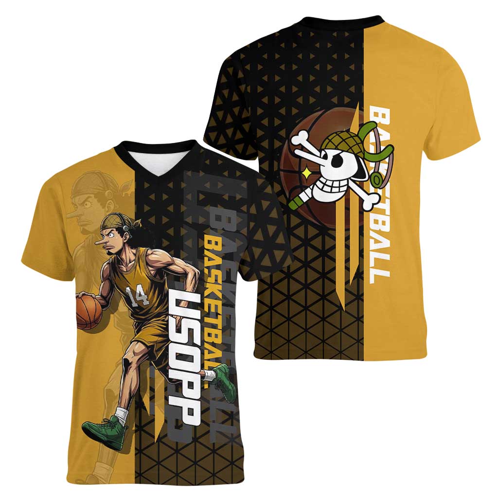 Usopp One Piece Basketball Theme Yellow and Black Design Women V-Neck T-Shirt with Sniper Emblem and Action Pose - The Mazicc
