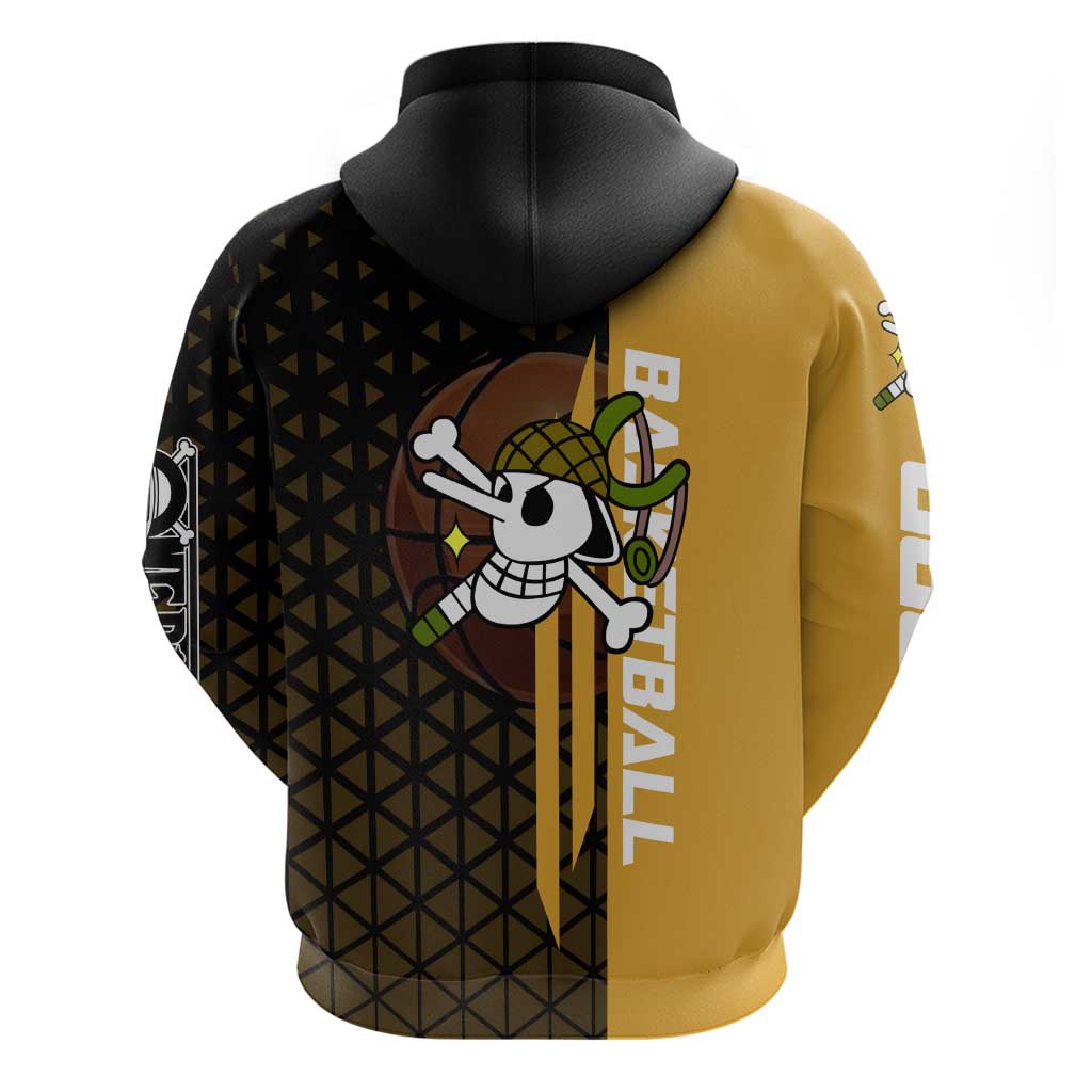 Usopp One Piece Basketball Theme Yellow and Black Design Zip Hoodie with Sniper Emblem and Action Pose - The Mazicc
