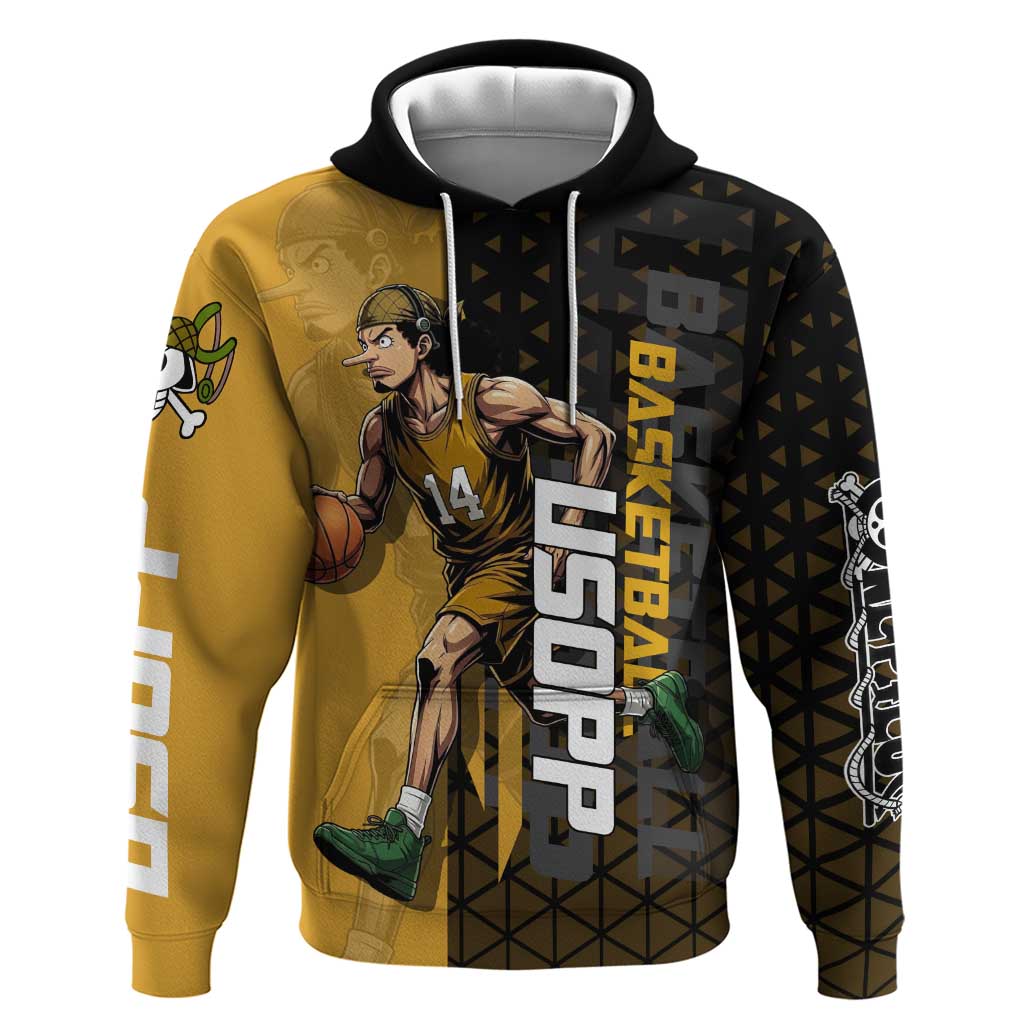 Usopp One Piece Basketball Theme Yellow and Black Design Zip Hoodie with Sniper Emblem and Action Pose - The Mazicc