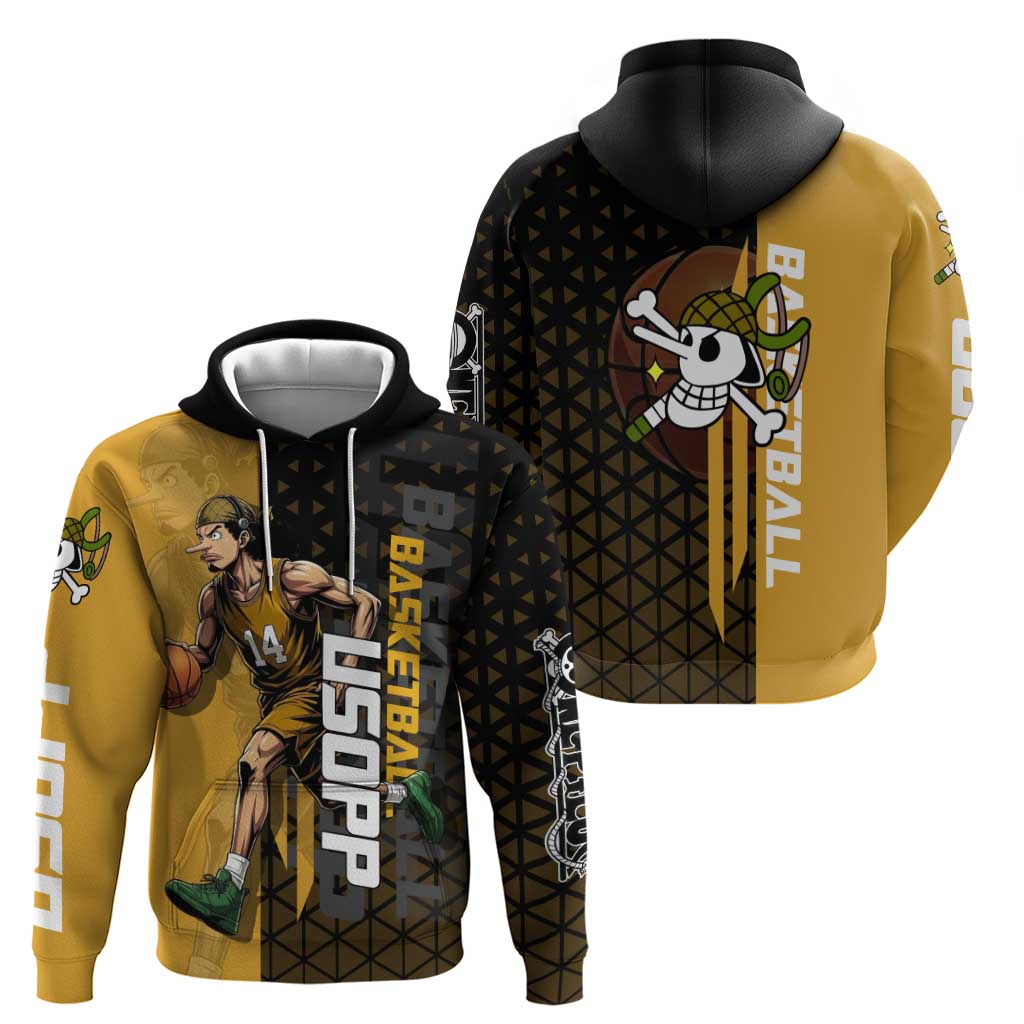 Usopp One Piece Basketball Theme Yellow and Black Design Zip Hoodie with Sniper Emblem and Action Pose - The Mazicc