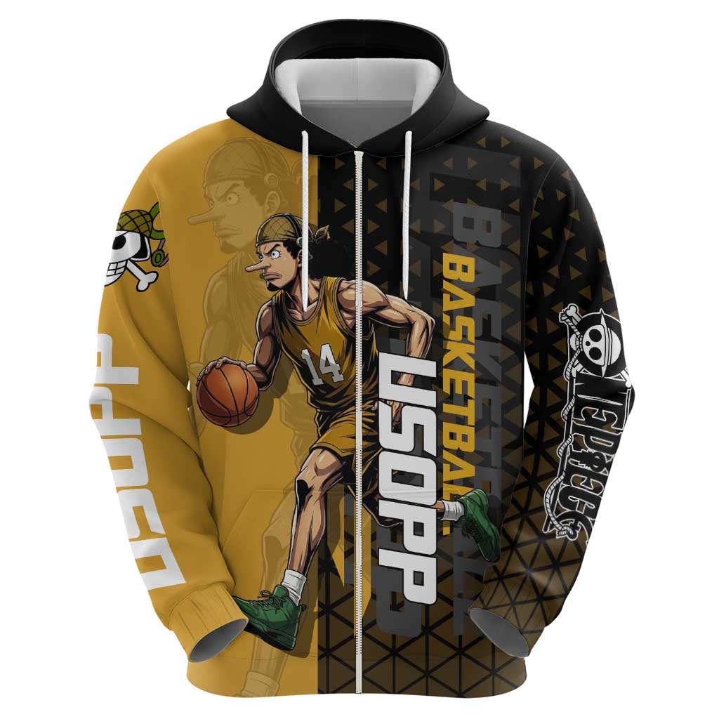 Usopp One Piece Basketball Theme Yellow and Black Design Zip Hoodie with Sniper Emblem and Action Pose - The Mazicc