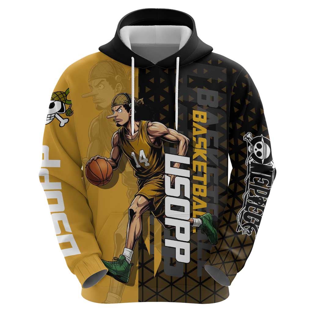 Usopp One Piece Basketball Theme Yellow and Black Design Zip Hoodie with Sniper Emblem and Action Pose - The Mazicc