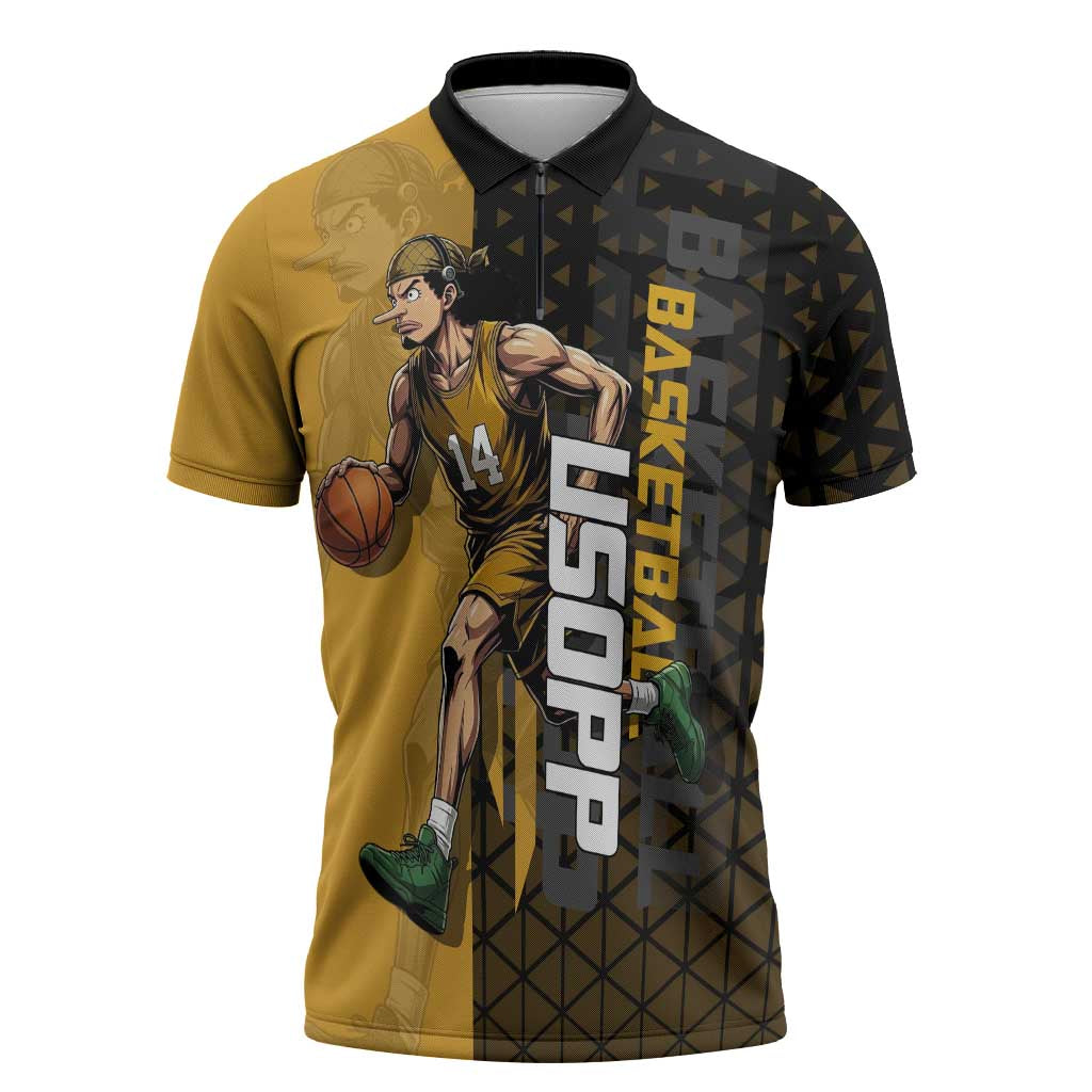 Usopp One Piece Basketball Theme Yellow and Black Design Zipper Polo Shirt with Sniper Emblem and Action Pose - The Mazicc