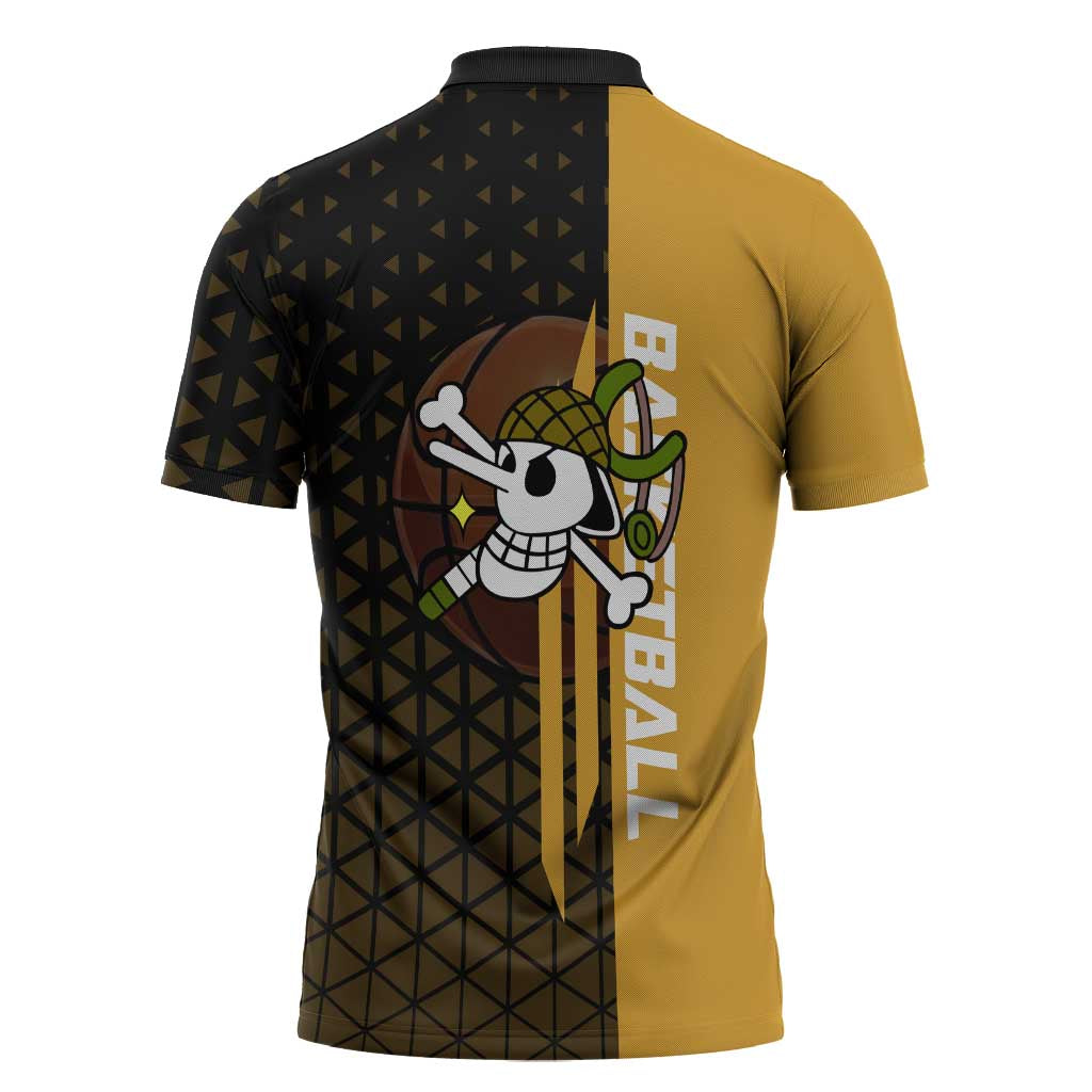 Usopp One Piece Basketball Theme Yellow and Black Design Zipper Polo Shirt with Sniper Emblem and Action Pose - The Mazicc