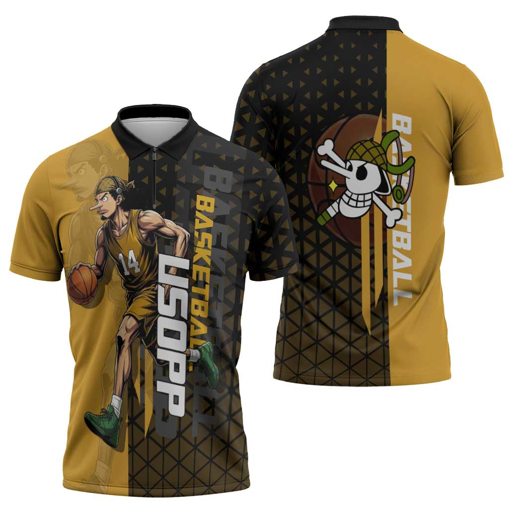 Usopp One Piece Basketball Theme Yellow and Black Design Zipper Polo Shirt with Sniper Emblem and Action Pose - The Mazicc