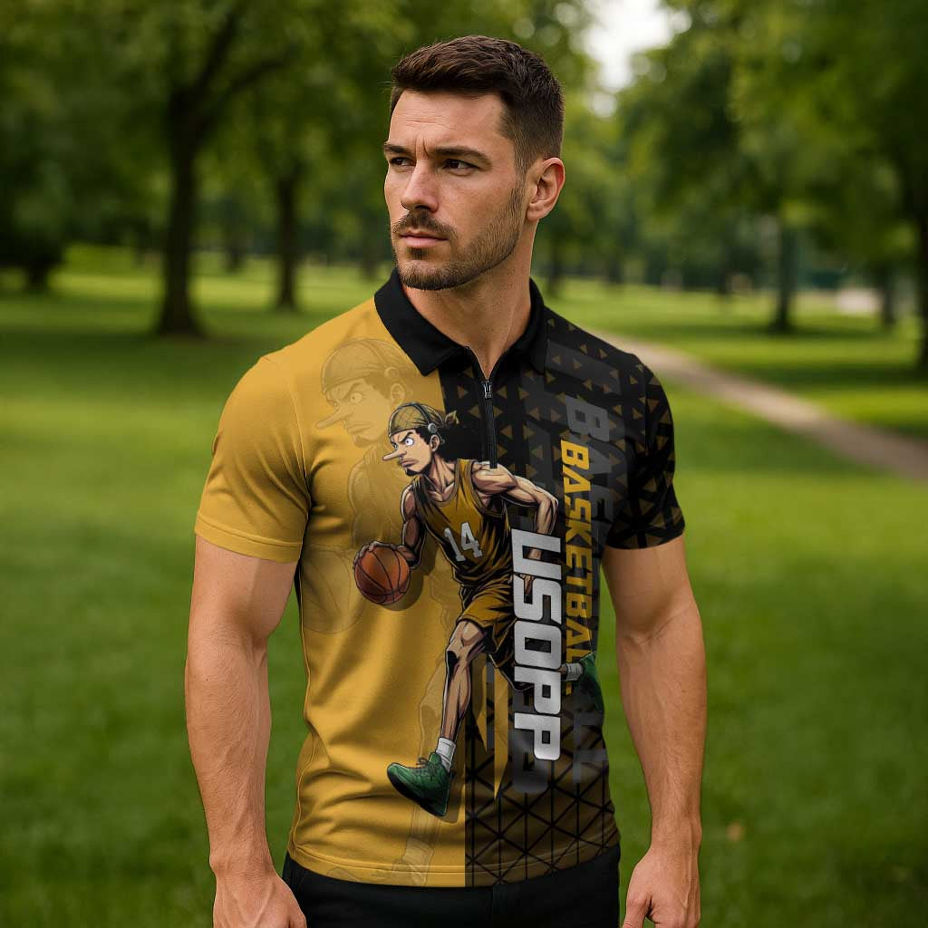 Usopp One Piece Basketball Theme Yellow and Black Design Zipper Polo Shirt with Sniper Emblem and Action Pose - The Mazicc