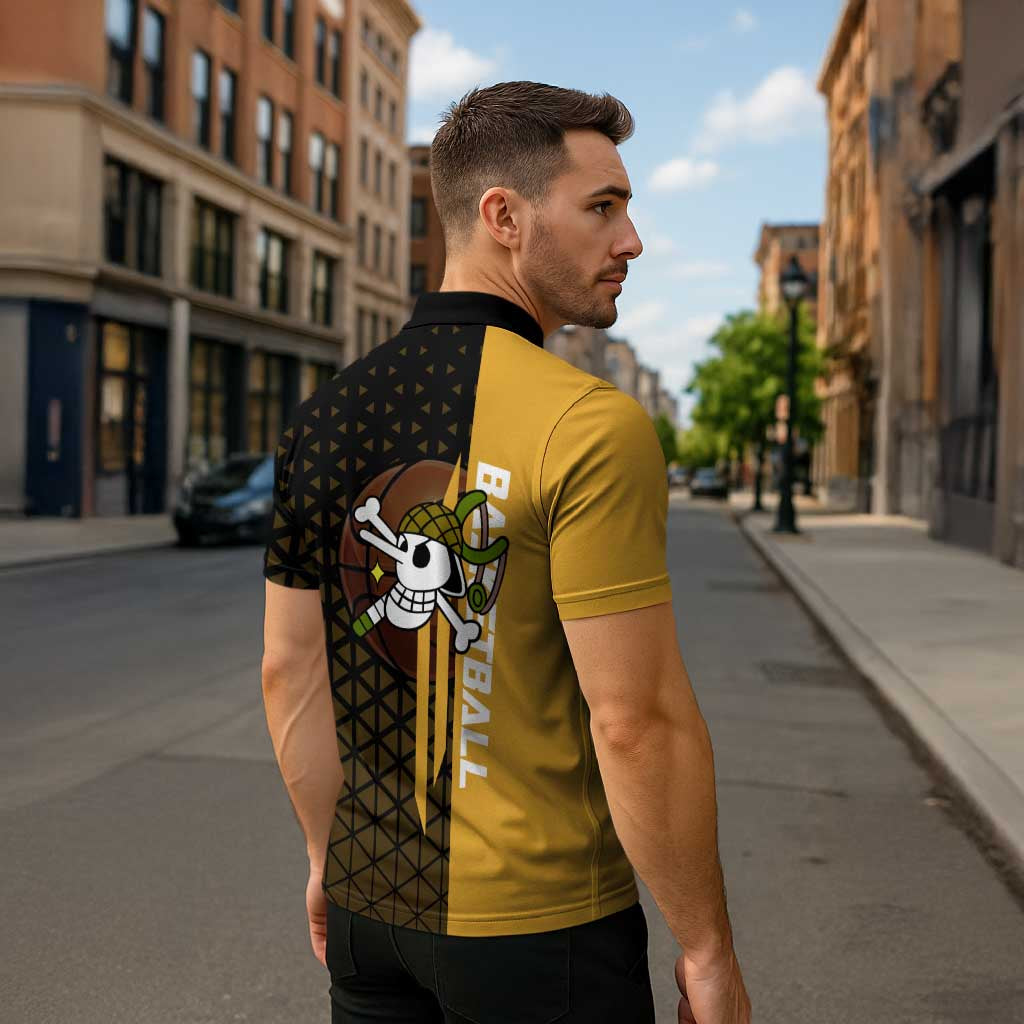 Usopp One Piece Basketball Theme Yellow and Black Design Zipper Polo Shirt with Sniper Emblem and Action Pose - The Mazicc