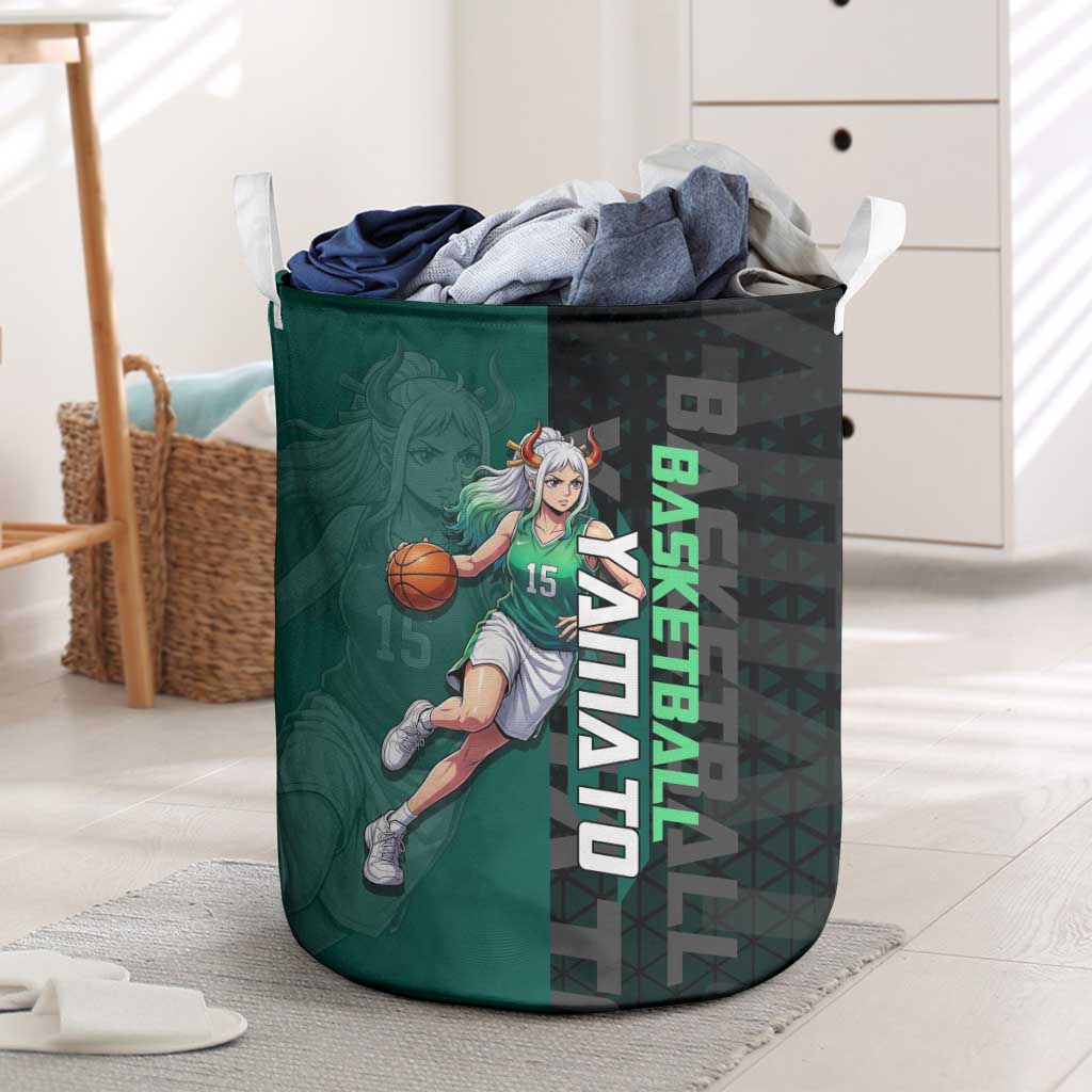 Yamato One Piece Basketball Theme Green and Black Design Laundry Basket with Oni Mask Emblem and Dynamic Pose - The Mazicc