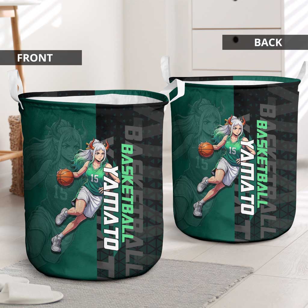 Yamato One Piece Basketball Theme Green and Black Design Laundry Basket with Oni Mask Emblem and Dynamic Pose - The Mazicc