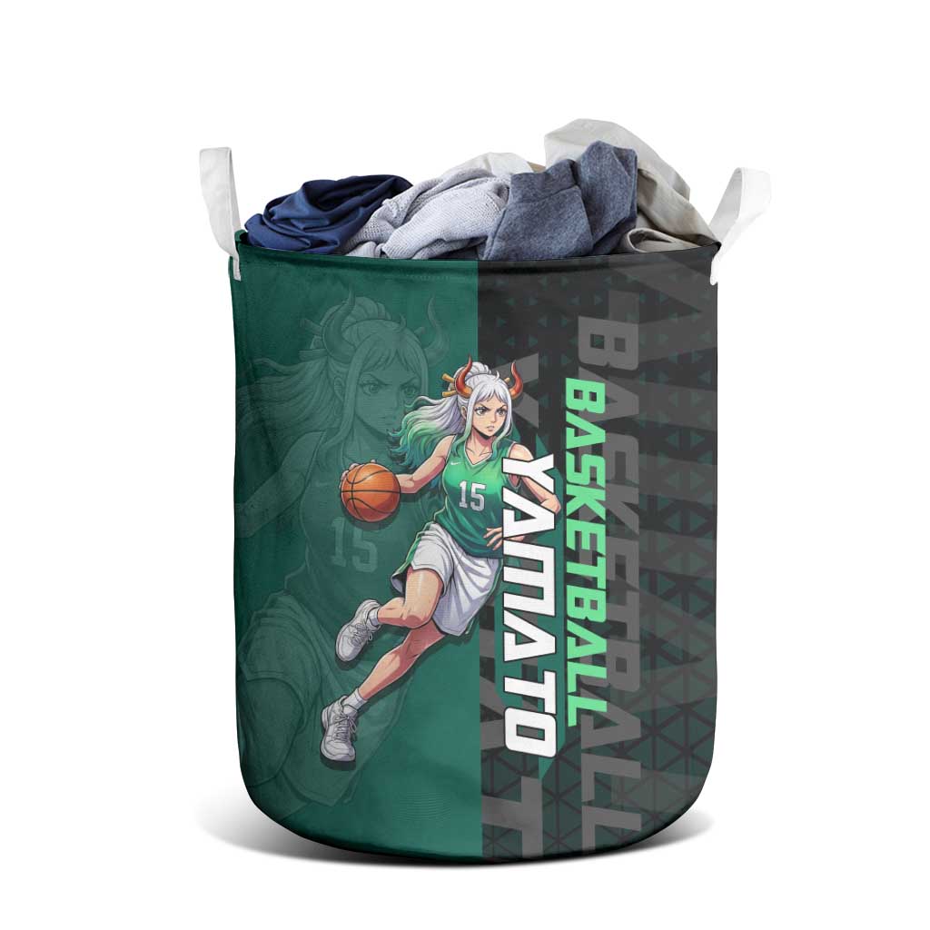 Yamato One Piece Basketball Theme Green and Black Design Laundry Basket with Oni Mask Emblem and Dynamic Pose - The Mazicc