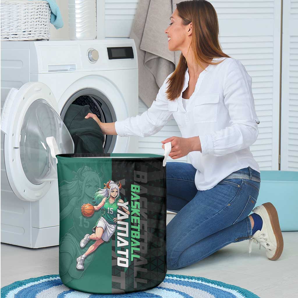Yamato One Piece Basketball Theme Green and Black Design Laundry Basket with Oni Mask Emblem and Dynamic Pose - The Mazicc