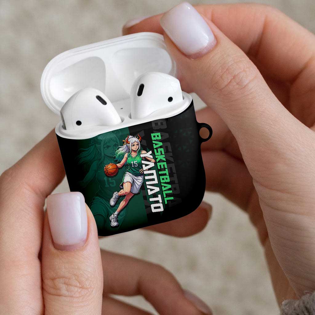 Yamato One Piece Basketball Theme Green and Black Design AirPods Case with Oni Mask Emblem and Dynamic Pose - The Mazicc