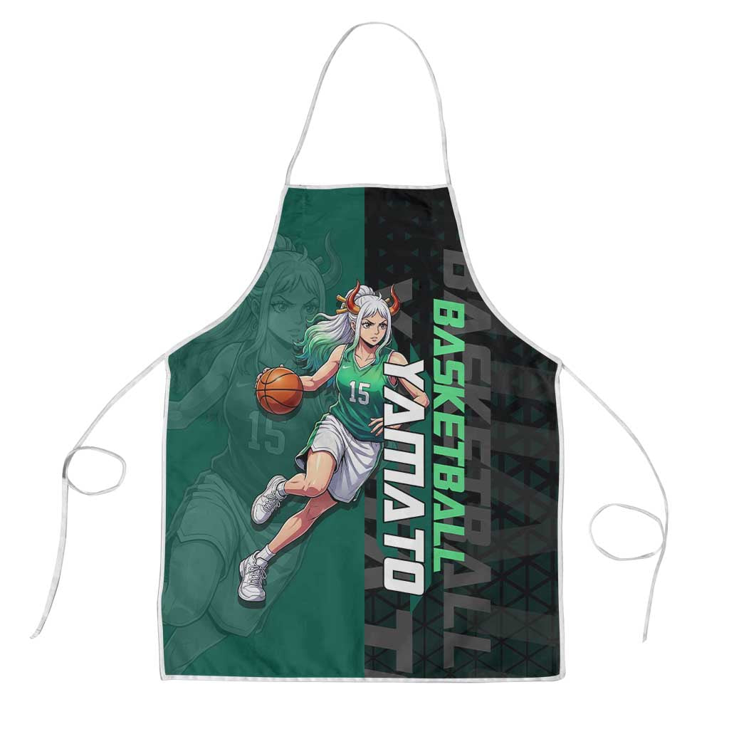 Yamato One Piece Basketball Theme Green and Black Design Apron with Oni Mask Emblem and Dynamic Pose - The Mazicc