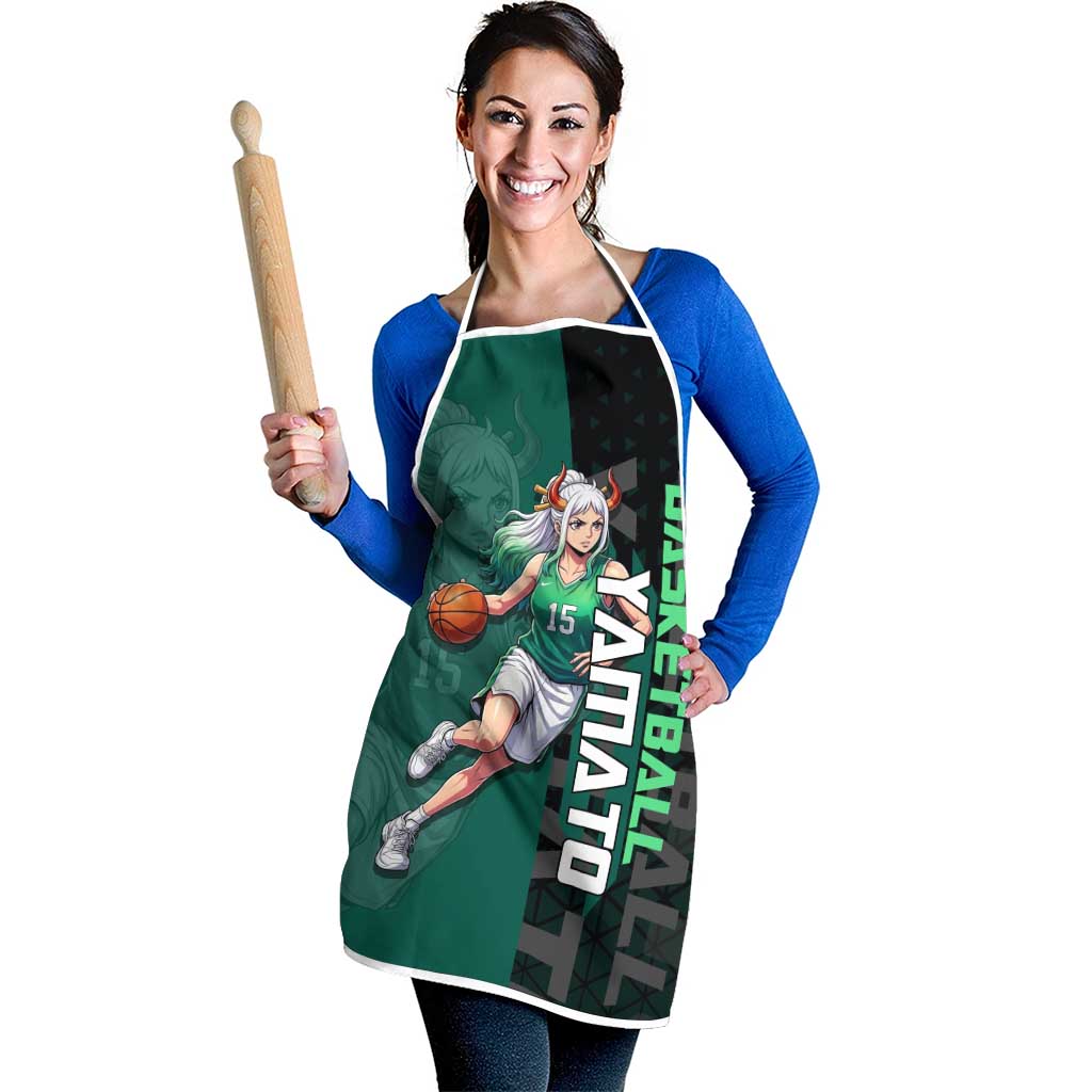 Yamato One Piece Basketball Theme Green and Black Design Apron with Oni Mask Emblem and Dynamic Pose - The Mazicc