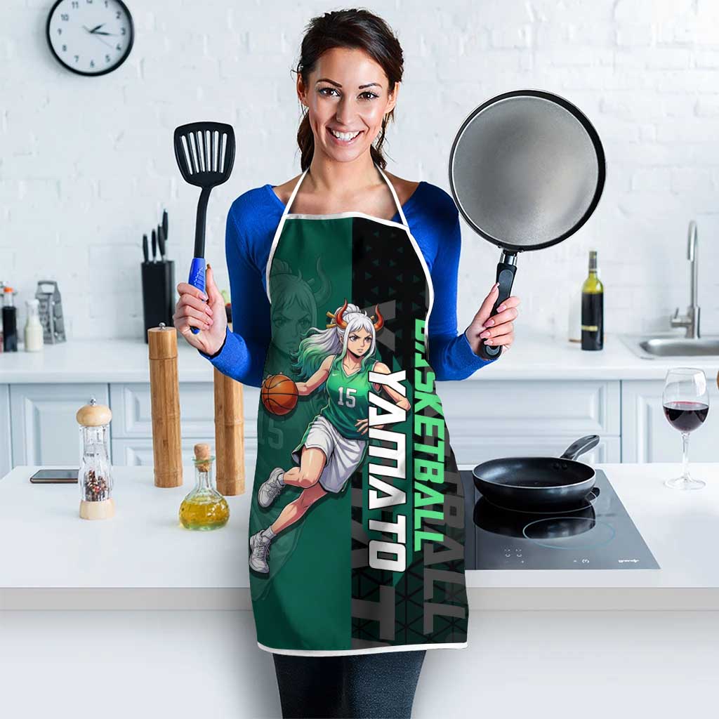 Yamato One Piece Basketball Theme Green and Black Design Apron with Oni Mask Emblem and Dynamic Pose - The Mazicc