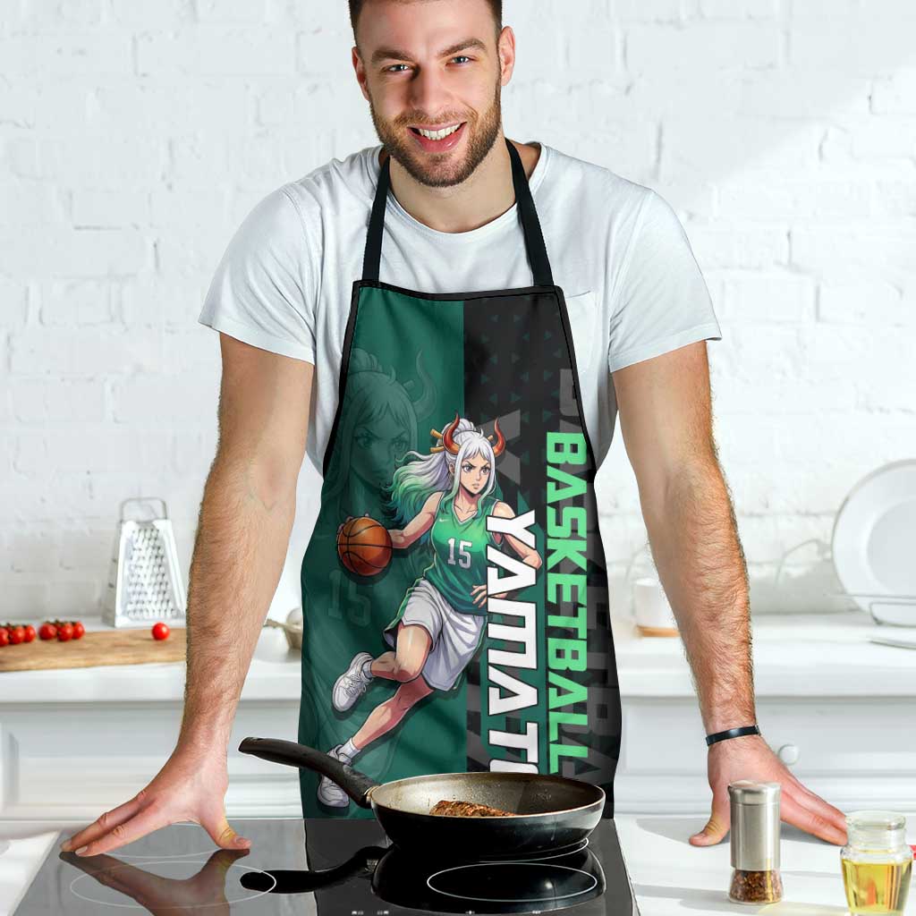 Yamato One Piece Basketball Theme Green and Black Design Apron with Oni Mask Emblem and Dynamic Pose - The Mazicc